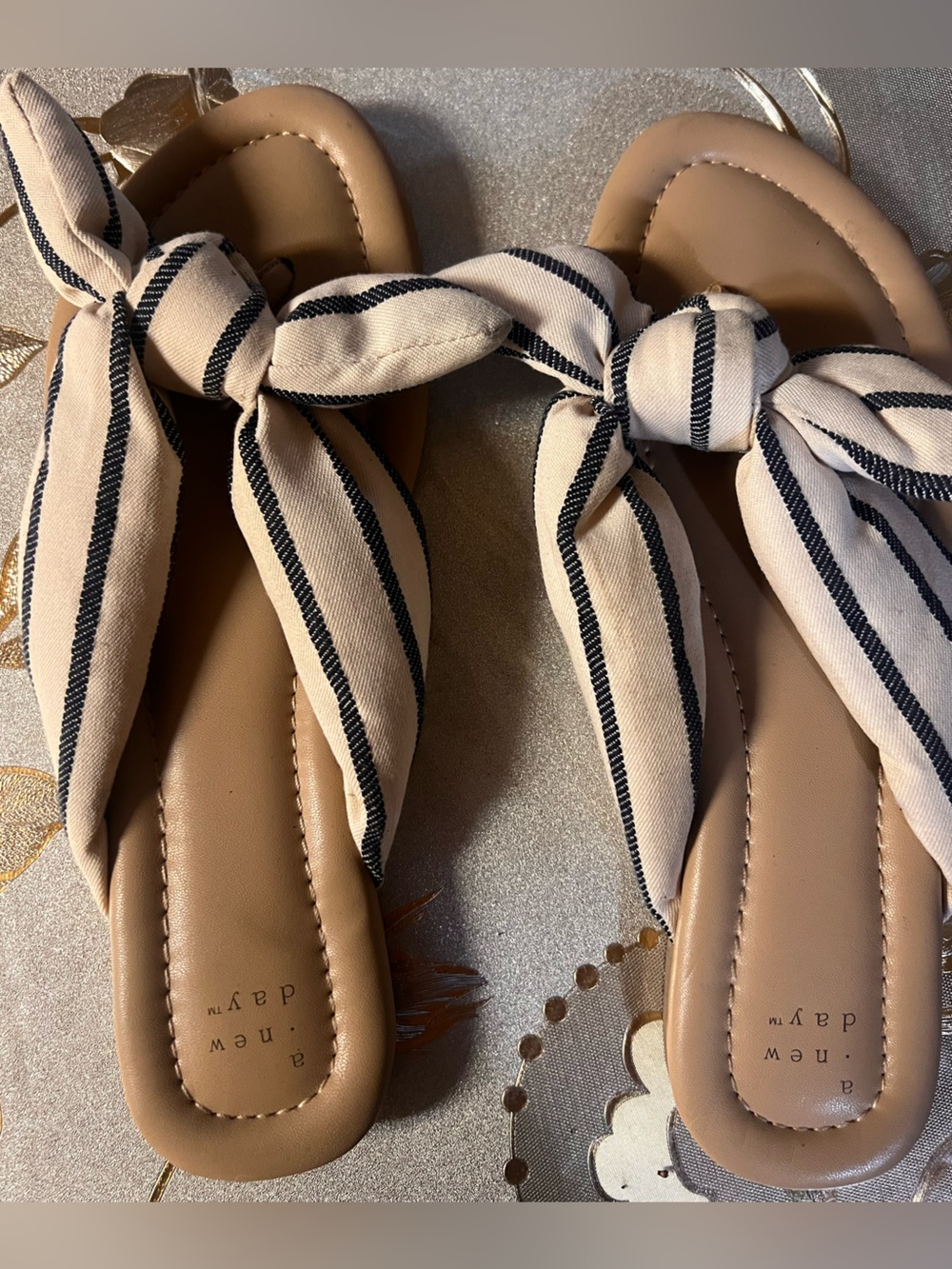Target Tan Slide Sandals with Black-Striped Knot Bow